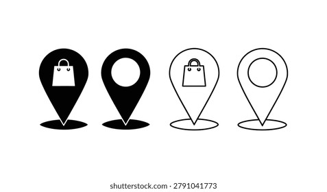 Four map marker icons, featuring a shopping bag, presented in black-and-white silhouette style.