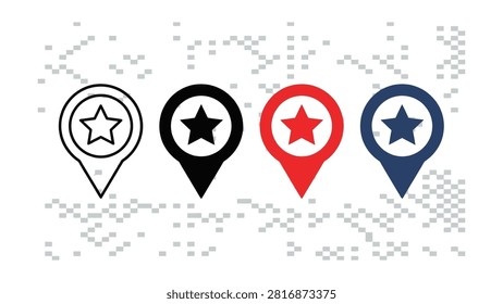Four map pins in different colors each containing a star icon