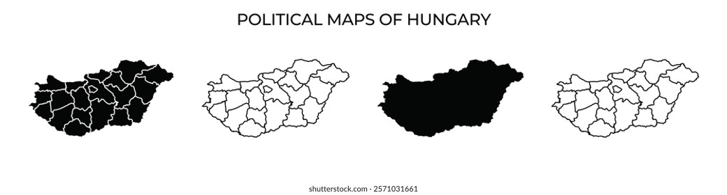 Four maps display political boundaries within Hungary, featuring contrasting colors for various administrative divisions. These maps illustrate the countrys structure and geographic layout.