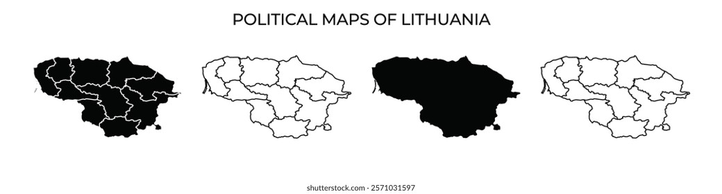 Four maps display the political layout of Lithuania, highlighting various administrative regions and borders. Each map presents a unique representation of the countrys geography.