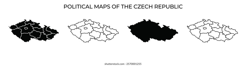 Four maps illustrate the political boundaries in the Czech Republic, each displaying different regions and their changing divisions, showcasing geographical and political history.