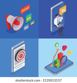 Four marketing technologies isometric icon set loudspeaker online sale likes charts and increased sales descriptions vector illustration