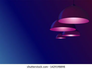 Four maroon ceiling lighting billiards or cafe. Lamps hanging and shine cold dark pink color. Concept pendant bulbs. Abstract neon navy blue background. Copy space for text, template