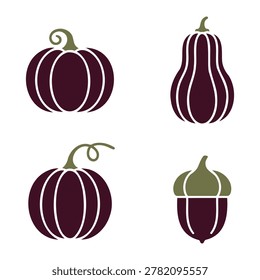 Four maroon pumpkins and squash with green stems on white background