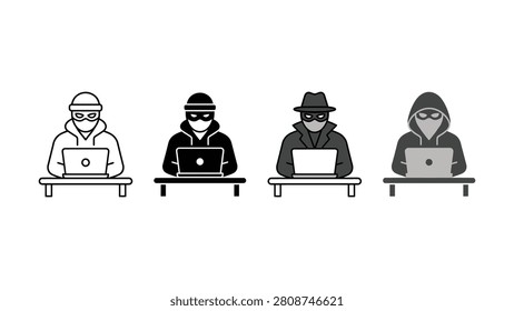 Four masked people sitting at tables with laptops in front