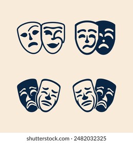 Four masks with sad faces. The masks are blue and black