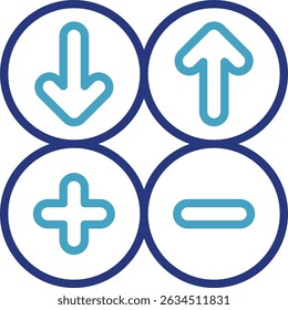 Four mathematically styled symbol vector icons showing positive, negative and arrow functions neatly arranged