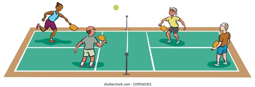 Four mature adults play pickleball.