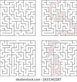 Four maze illustrations representing challenge solving and direction finding in problem solving activities