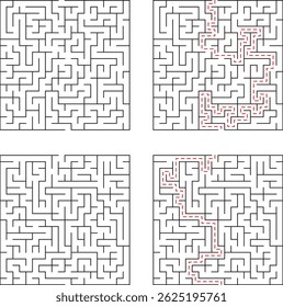 Cuatro rompecabezas de laberinto dos caminos resueltos que representan la resolución de problemas y la toma de decisiones conceptos