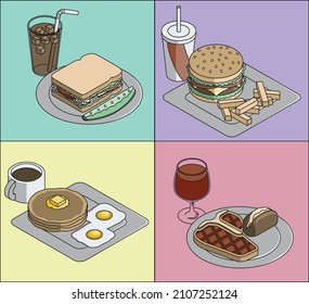 Four Meals In Vector Format. Breakfast, Lunch And Dinner. Restaurant Diner Comfort Food. Menu Design Drawings. Hamburger, Pickle, Sandwhich, Eggs, Fries, Steak, Soda, Potato, Wine, Pancakes