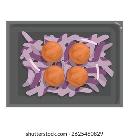 Four meatballs are cooking in a bed of chopped red cabbage on a baking sheet