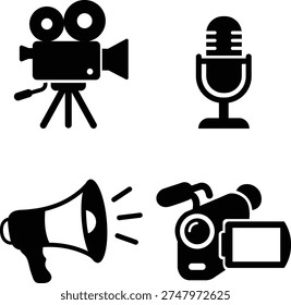 Four media recording and broadcasting equipment icons set illustration