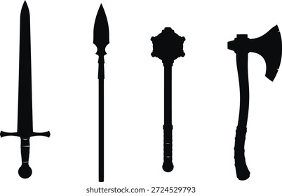 Cuatro siluetas de armas de estilo medieval que incluyen una espada, una lanza, una maza y un hacha de batalla sobre un fondo blanco.