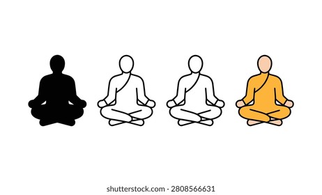 Four meditating yoga people in different colors and line styles sitting crosslegged