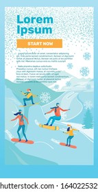 Four Membered Active Family, Mom, Dad, School Age Girl and Boy, Gliding Snowy Hill on Snowboards, Spending Time Together in Winter Resort and Enjoying Cold Days. Banner with Copy Space for Extra Text.