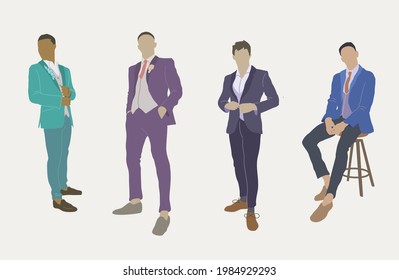 Four men of different colour and race posing in fashionable stylish office casual wear in suits shoes boots standing sitting vector illustration
