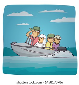 Four men are floating on a boat with a motor. Hand drawn cartoon vector illustration.