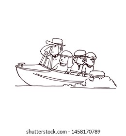 Four men are floating on a boat with a motor. Hand drawn cartoon vector illustration.