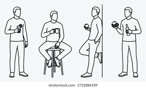 Cuatro hombres sosteniendo bebidas en diferentes poses y lugares que disfrutan de las bebidas socialmente