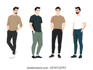 Four men in light and dark casual clothes. The presented colors are white, black, green, beige. The outfit includes t-shirts, pants and sneakers. The look emphasizes lightness and style.