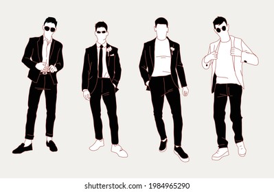 Four men of neutral race posing in black and white monochrome fashionable stylish office casual wear sunglasses in suits shoes standing vector illustration