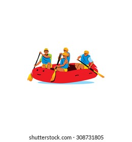 Four men Rafting. Adventure on the River sign. Inflatable boat with people. Challenge yourself. Vector Illustration. Branding Identity Corporate logo design template Isolated on a white background