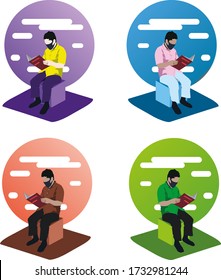 Cuatro hombres leyendo un libro rojo usando máscaras y sentados en sillas de cubo de diferente color