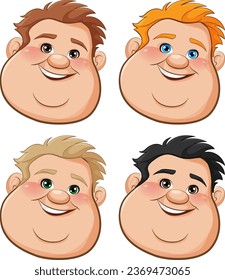 Four men with round faces and cheerful expressions are depicted in a vector cartoon illustration