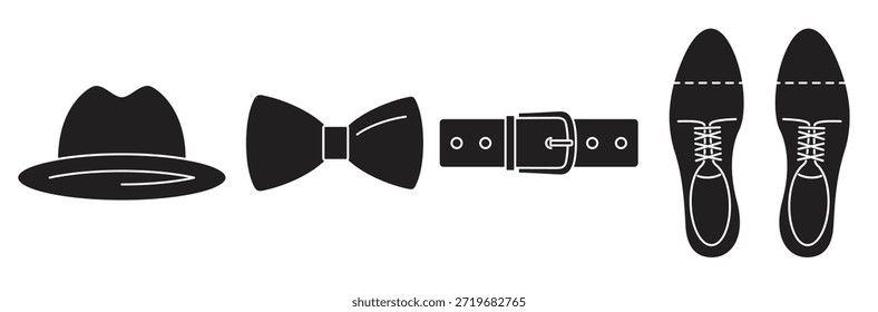 Conjunto de iconos web negros de cuatro accesorios para hombres