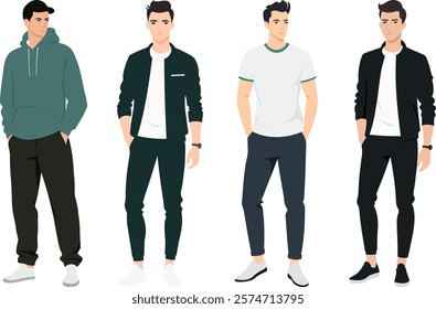 Four men in sporty and casual style. Outfits include hoodies, sweatpants, t-shirts and jackets. The main colors are black, gray, brown, green. An atmosphere of casualness and urban dynamics.