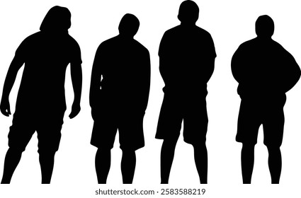 Four men stand in a row, their silhouettes stark against a white background.	