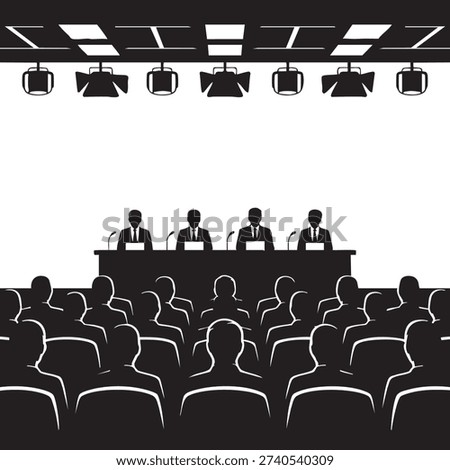 Four men in suits stand at a podium with microphones addressing a crowd of seated people in a formal business conference setting with stage lighting.