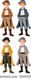 Four men wearing different coloured Victorian vintage outfits in a vector cartoon illustration style