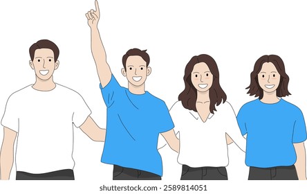 Four men and women laughing with their arms around each other