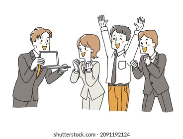 Four men and women who rejoice while looking at the screen of a laptop computer People celebrating success and victory Loose hand-drawn illustrations
