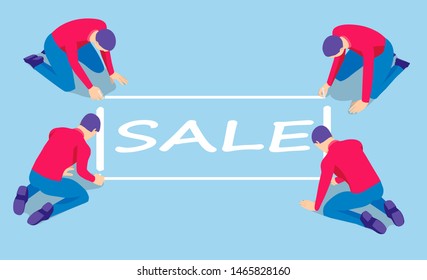 Cuatro hombres escriben con tiza en el suelo. Los hombres escribieron la palabra venta, isométrica.