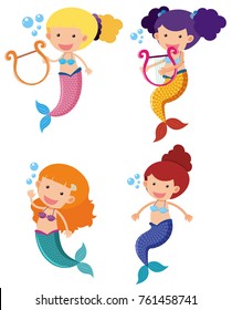 Four mermaids with happy face illustration