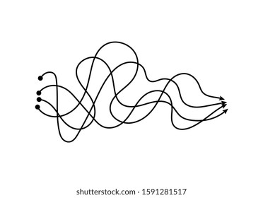 Four Messy Arrow Lines Joining In One Final Point, Black Freehand Scribble Paths Coming To One Destination, Single Problem Solution With Different Processes - Concept Vector Illustration