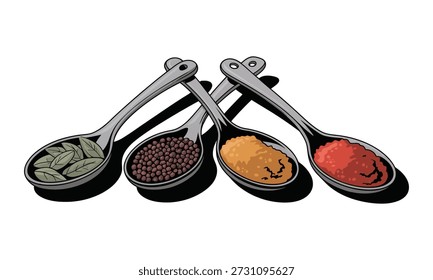 Cuatro cucharas medidoras de metal con diferentes tipos de especias en el interior