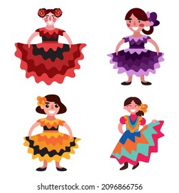 Cuatro bailarinas mexicanas en vestidos tradicionales ilustraciones vectoriales