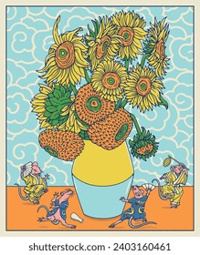 Four mice dressed in kimono that are dancing around Sunflowers.