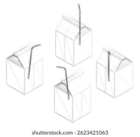 Four Milk package with straws sticking out of them. The boxes are all different sizes and shapes. Isometric view. 3D