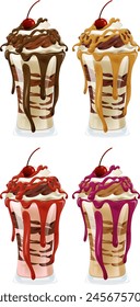 Four milkshakes with various toppings and syrups.