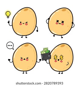 Four millet grain characters portray a bright idea, anger, dizziness and money-related reactions in a playful cartoon group.