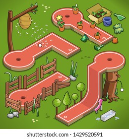 Four mini golf lanes with outdoor decoration such as beehive, wooden fence, chopped tree trunk and seedlings in flower pots (isometric view)