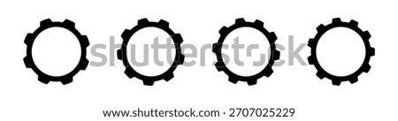Four minimal solid gear icons with clean circular forms and balanced spacing. Perfect for illustrating simple mechanical systems, industrial concepts, digital settings, and engineering visuals.