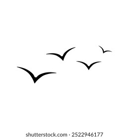 Four minimalist bird silhouettes soaring through the air, isolated on white background.