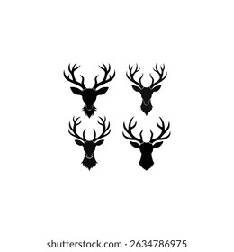 Four minimalist black deer head silhouettes showcase diverse antler and facial hair designs in this elegant vector illustration. Perfect for 
