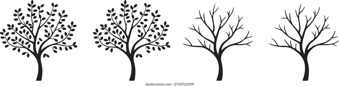 Four minimalist black tree silhouettes illustrating seasonal variations, with two trees in full leaf and two as bare branches.